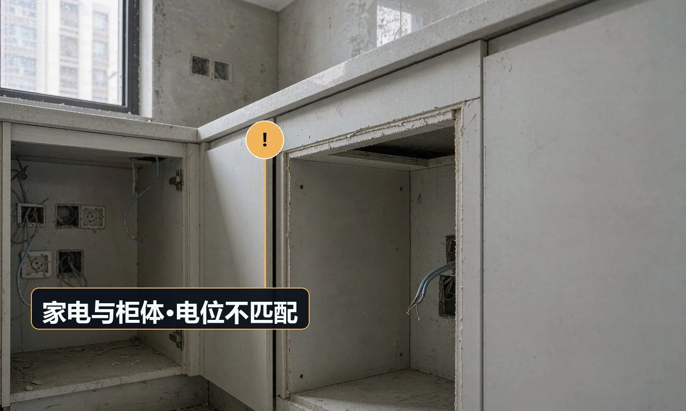 现象:洗碗机塞不进橱柜、冰箱插头够不着、油烟机排烟口对不上。原因:家电型号未在硬装阶段锁定;预留尺寸与电位未按电器参数设计;各专业各自出图