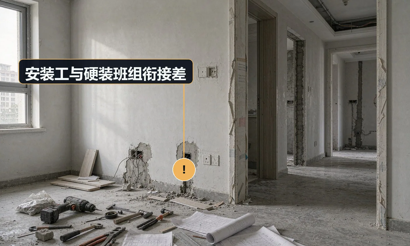 现象:装柜子的把刚做好的墙面磕了,装家电的把线打断了。原因:多供应商各自进场无统一现场管理;无进场交底与工序交接;成品保护缺失