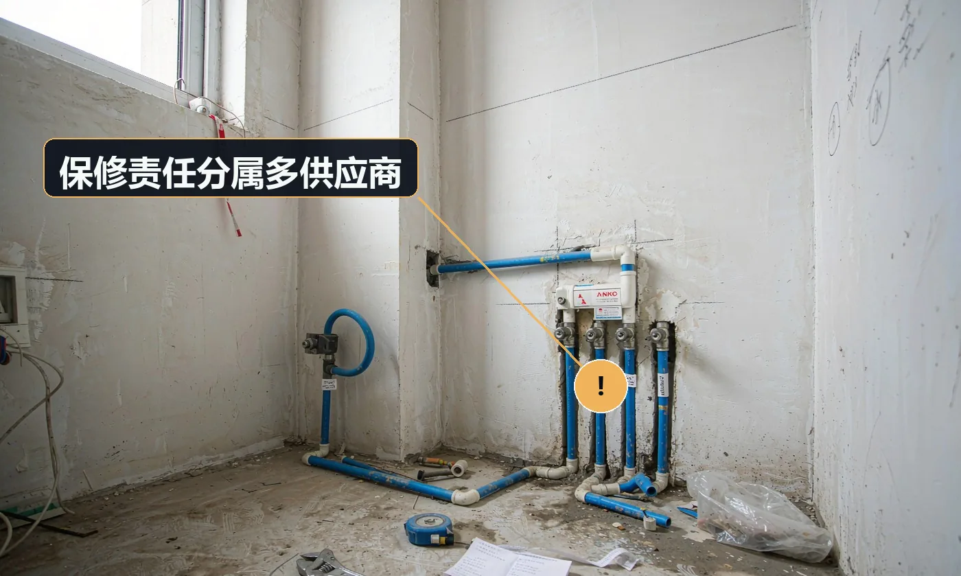 现象:柜子门掉了找柜子厂,柜子厂说是安装问题,安装说是墙不平。原因:整装涉及多个供应商,保修责任分散;无统一售后入口