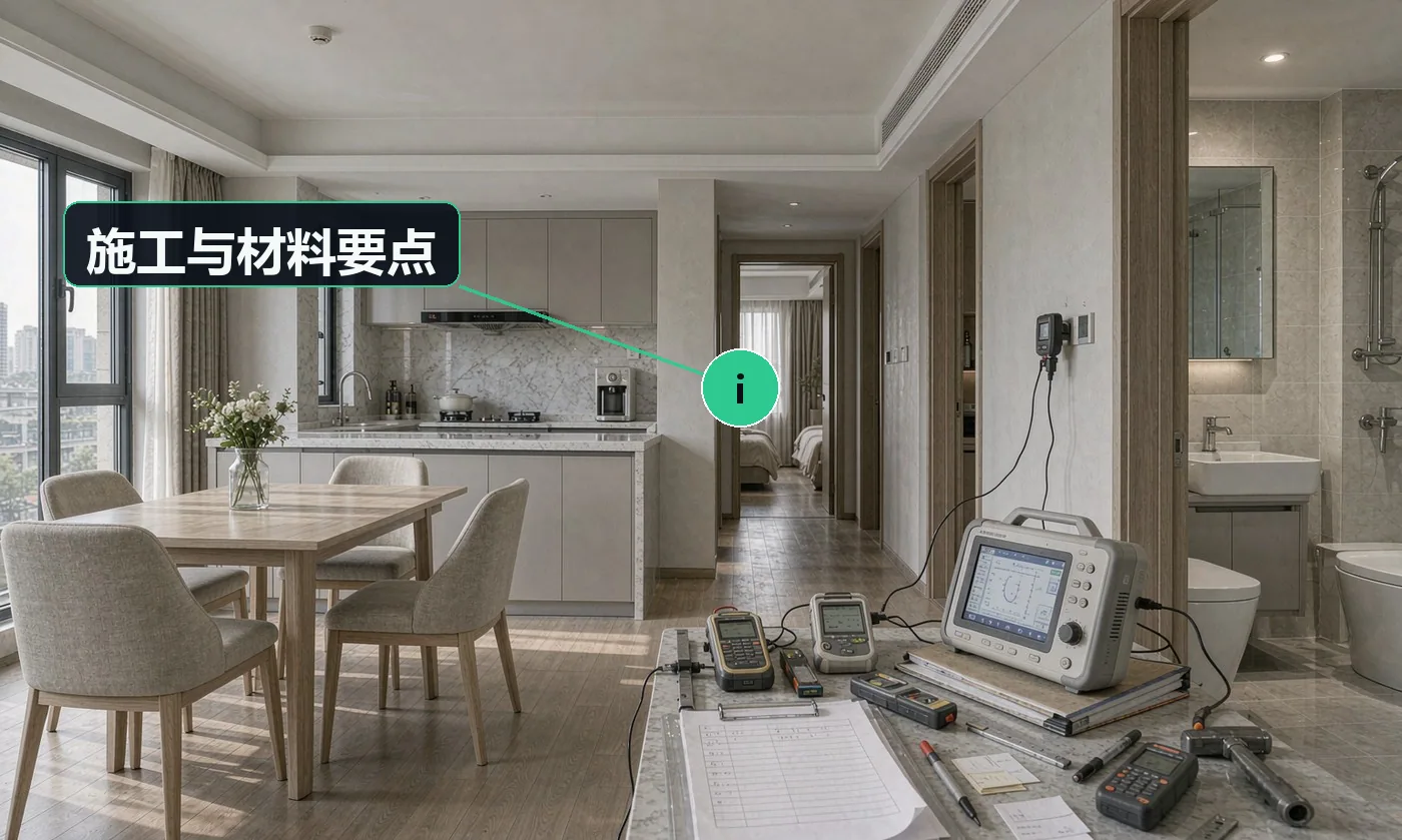 施工与材料要点:整装卖的是「拎包入住」,交付的是一整套完整体验;必须先出全屋效果图 + 产品清单,再谈预算,顺序不能反