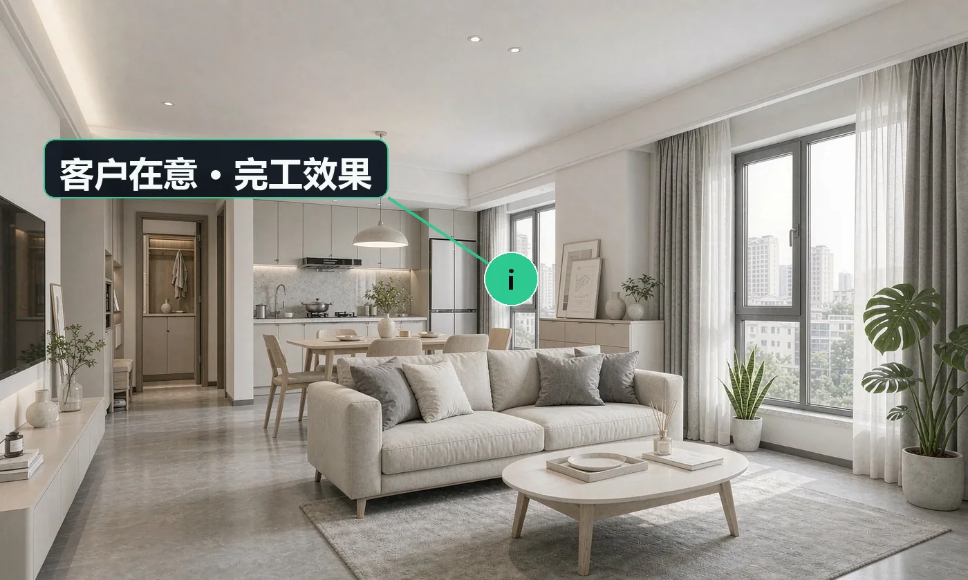客户在意 · 完工效果:真的能拎包入住吗,还差什么要自己买;家具是什么品牌,能不能先看实物