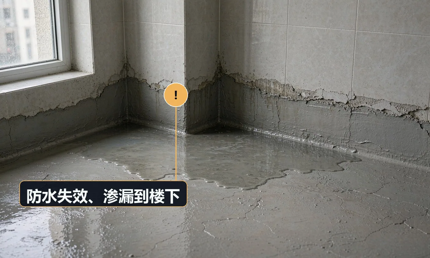 现象:厨房改造后楼下渗水,邻居投诉。原因:涉水区域防水未做或只做局部;闭水试验未做;管根未做附加层;拆旧破坏防水层未修补