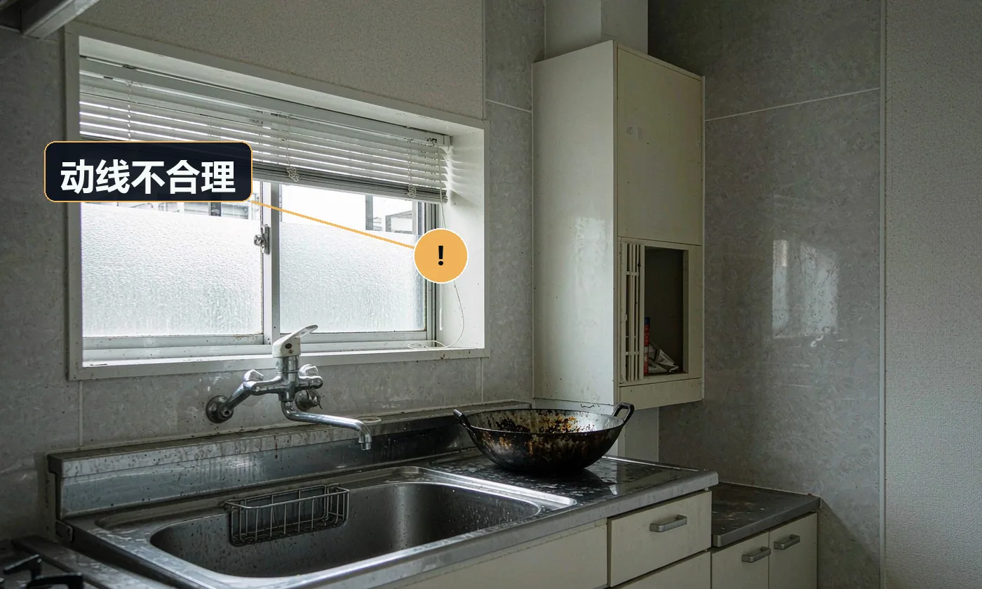 现象:做饭时来回跑,或备菜没有台面可用。原因:布局设计未按「取 — 洗 — 切 — 炒 — 盛」动线;操作台面预留不足