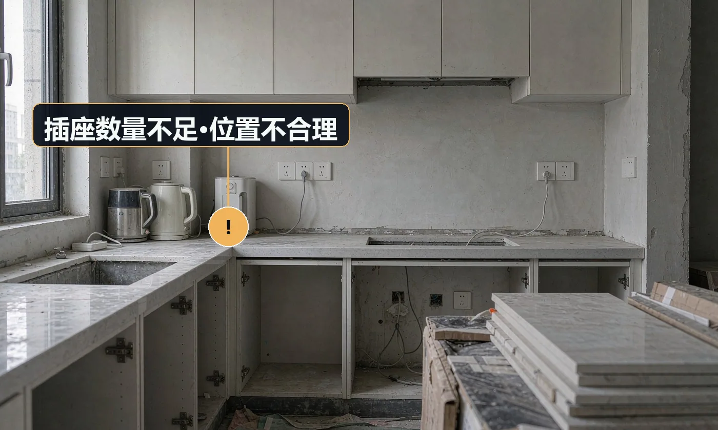 现象:装完发现小家电没地方插,或插座被柜体挡住。原因:未按小家电清单规划点位;插座位置与柜体分格未对齐