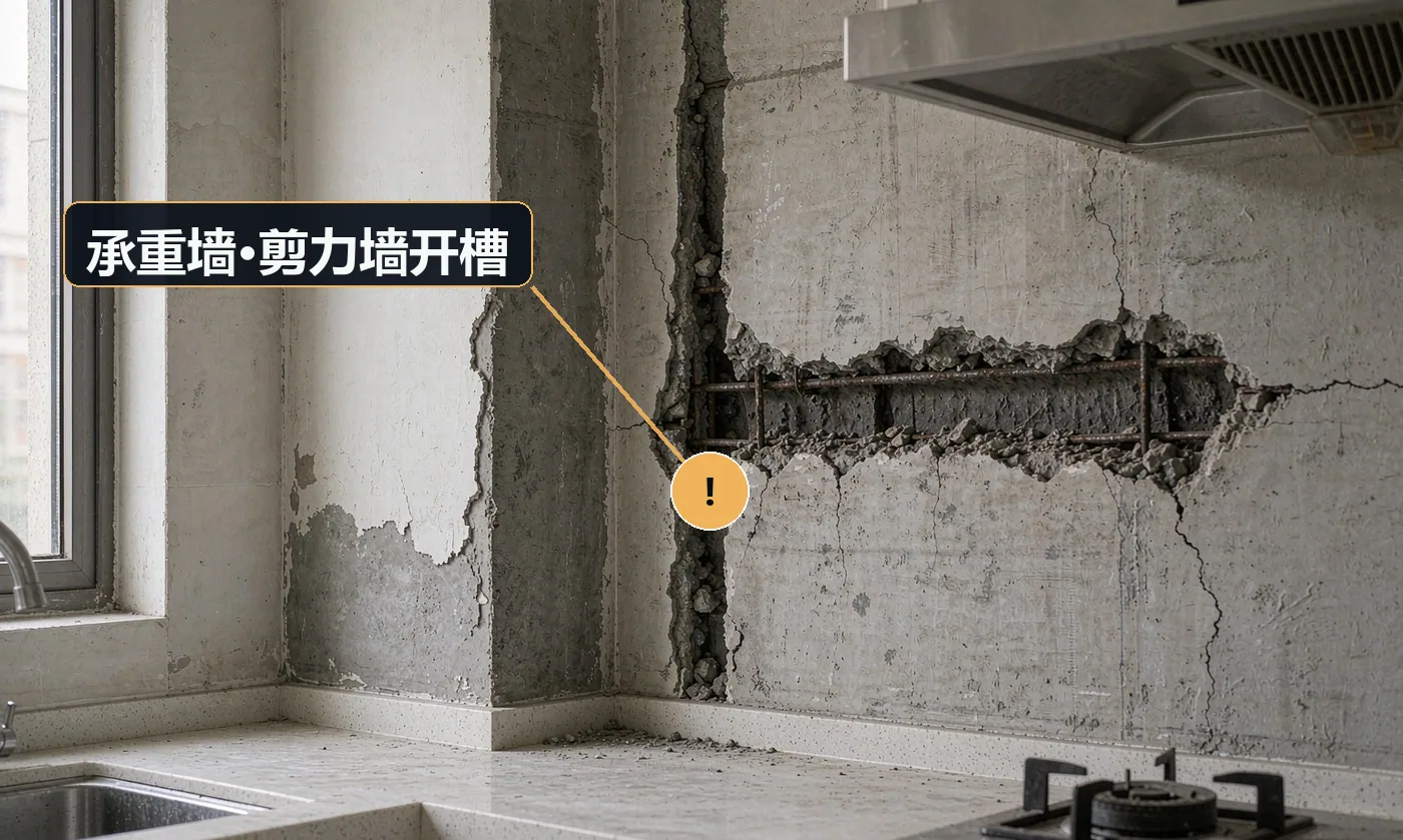 现象:在承重墙上横向开长槽走管,被物业叫停。原因:未核对结构图纸;为方便走线在承重墙大肆开槽