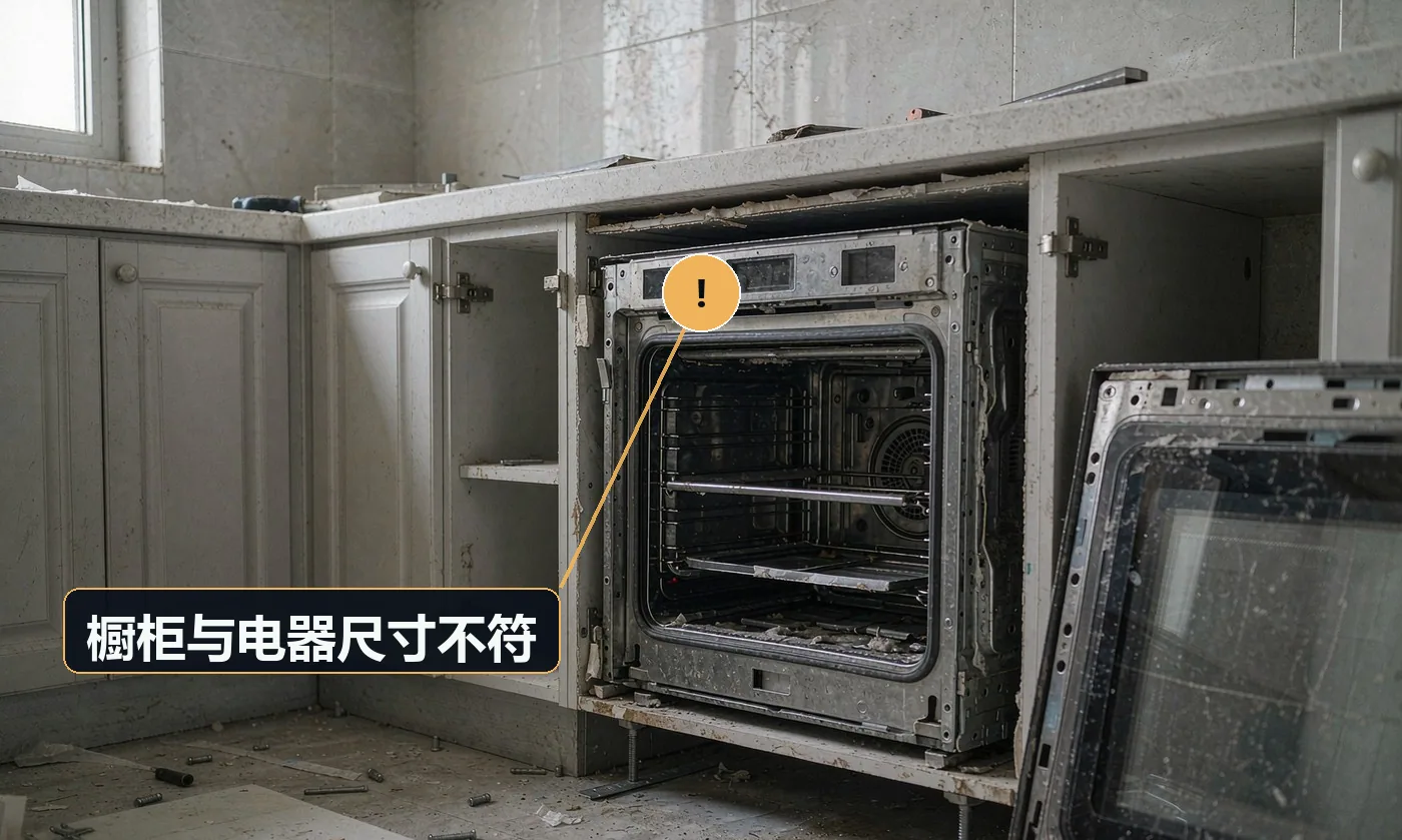 现象:洗碗机 / 嵌入式电器塞不进去,或烟机与吊柜打架。原因:下单前未按电器实物尺寸核对;未预留散热间隙与开门半径