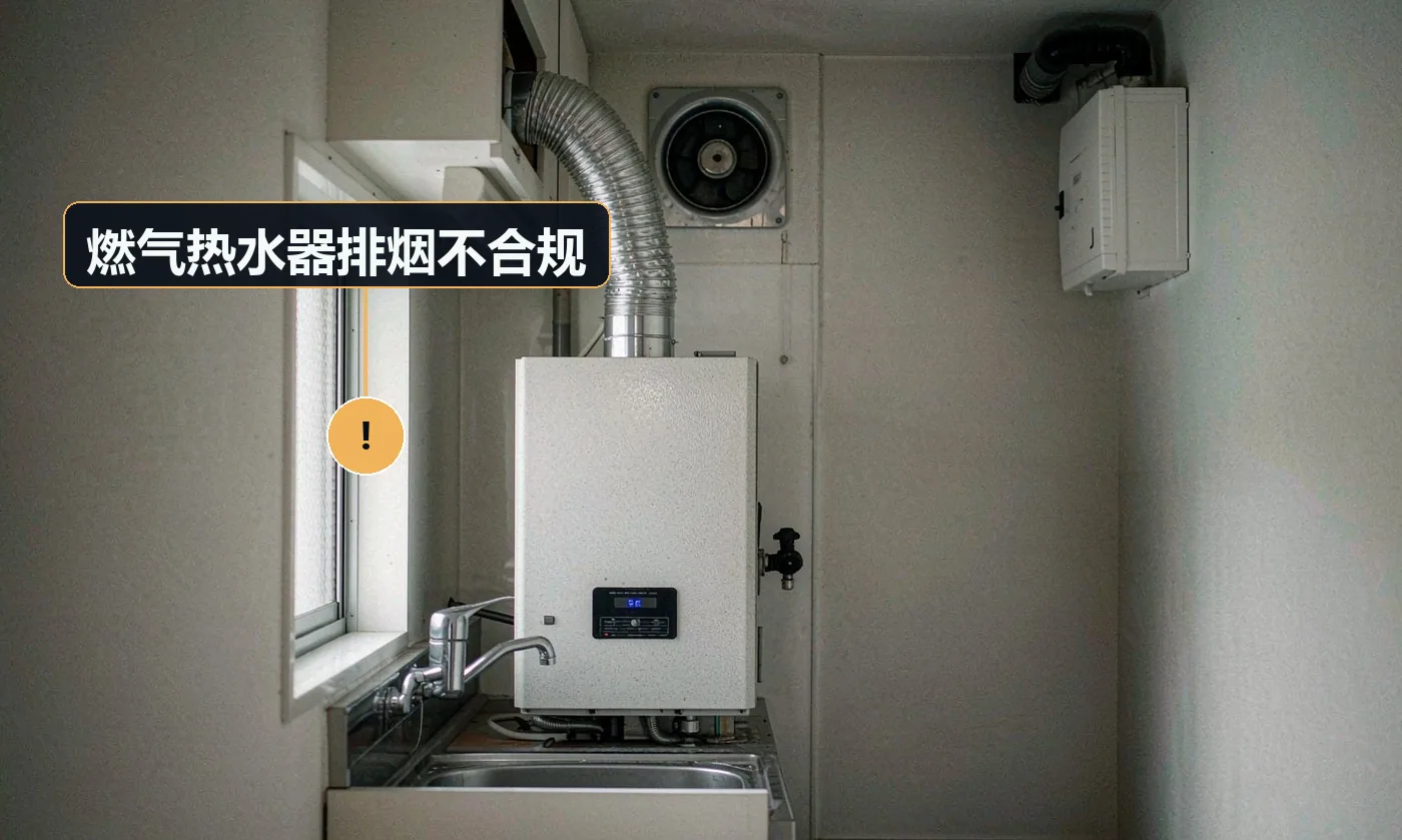 现象:排烟管接入公共烟道,存在一氧化碳风险。原因:为省事把烟管接进烟道;未按产品要求独立排至室外