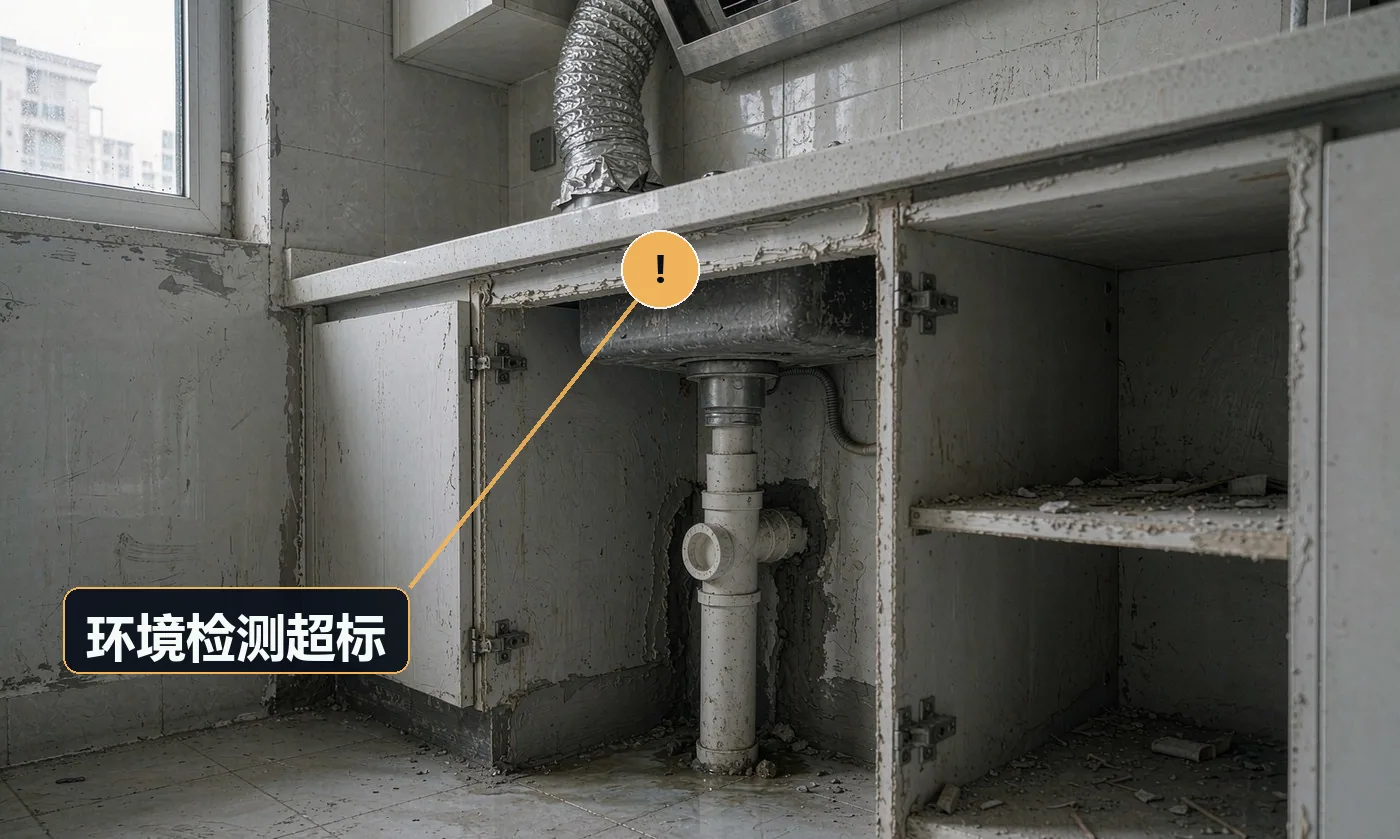 现象:完工后厨房气味刺鼻,检测超标。原因:柜体板材与胶集中释放;通风不足;材料环保等级低