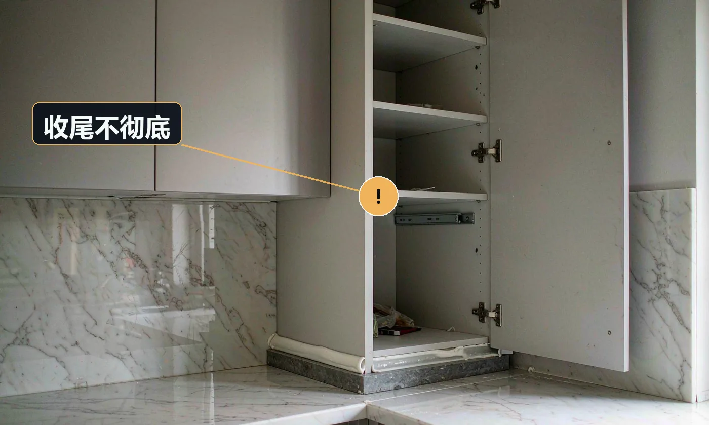 现象:入住后发现台面接缝没打好、柜门不齐、下水有异味。原因:无收尾检查清单;收尾与撤场同时推进