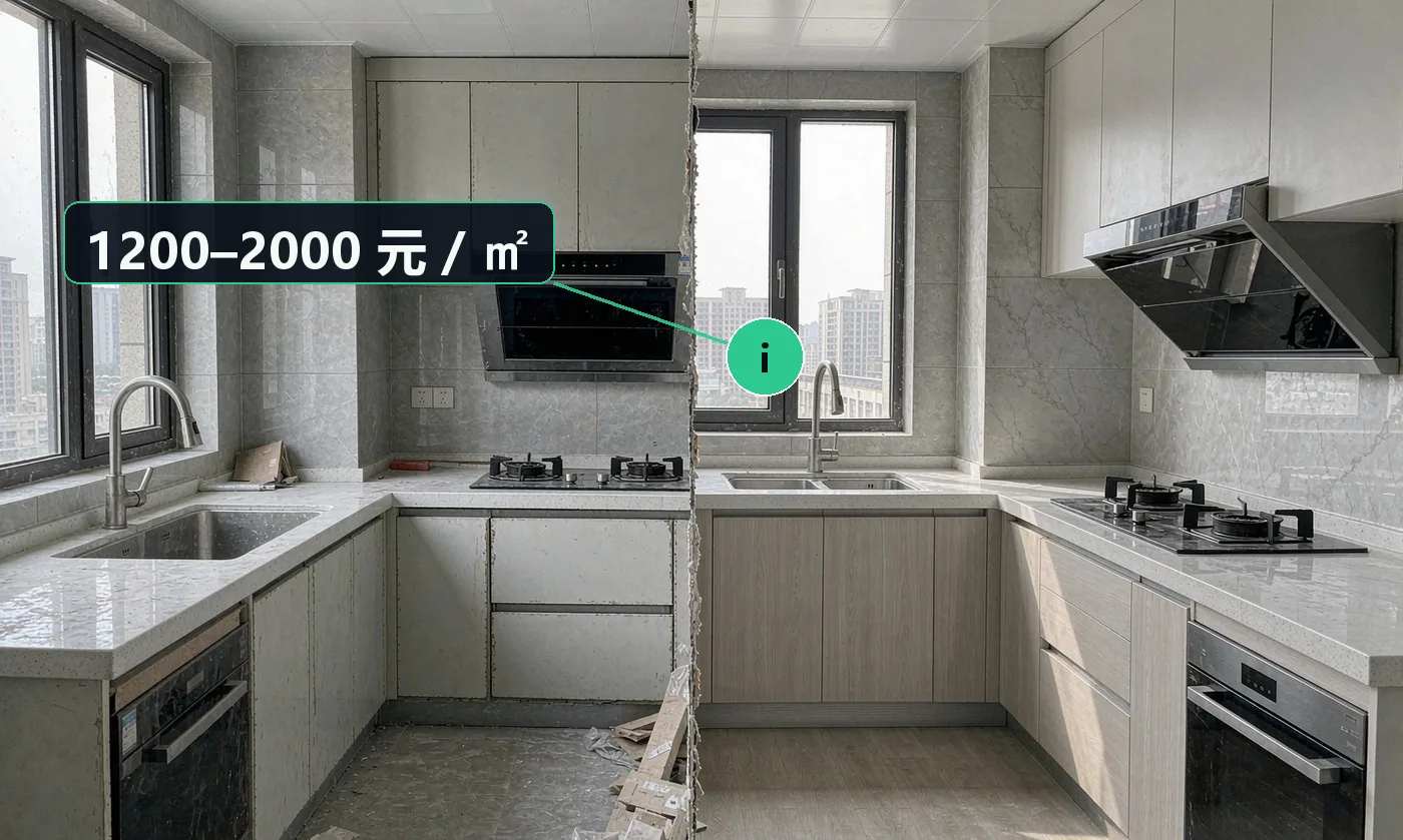 价格区间:基础改造 1200–2000 元 / ㎡(含材料与施工);含品牌橱柜与电器 2000–3000 元 / ㎡