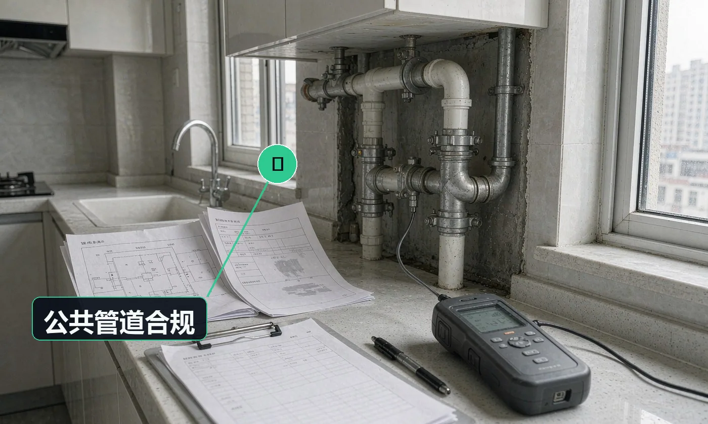 检查方式:图纸核对 + 物业批准文件。合格标准:未私改公共立管;涉及报批的已取得批准