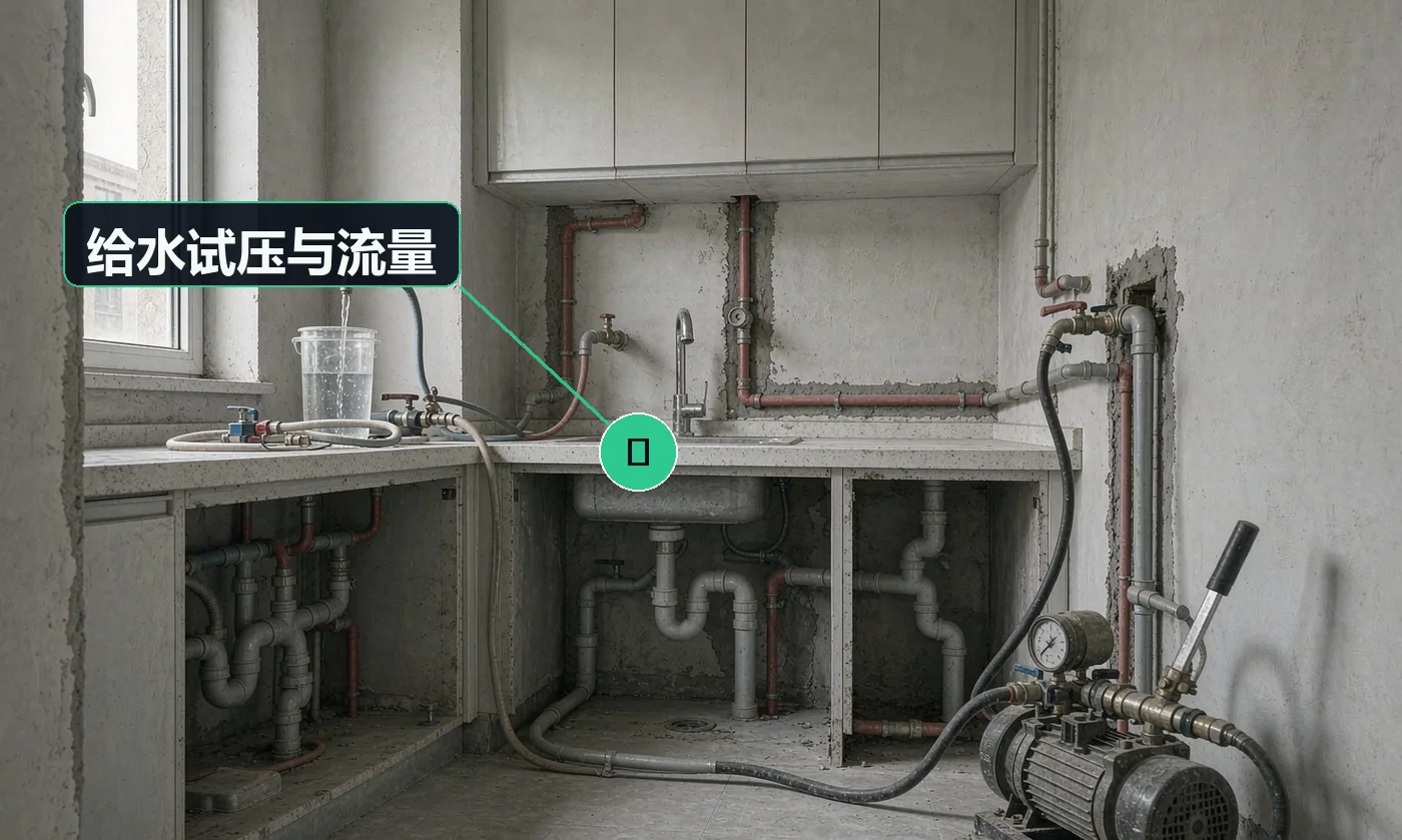 检查方式:打压泵 + 实测流量 / 水压。合格标准:试压合格、无渗漏;改造后水压与流量不低于改造前