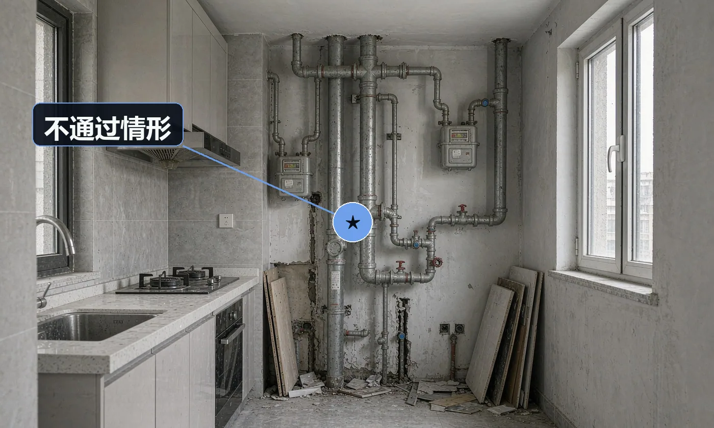 不通过情形:碰改燃气或私改公共立管:立即停工恢复,费用由施工方承担,并按法规处理(红线);承重墙开长槽:停工鉴定与加固,费用由责任方承担