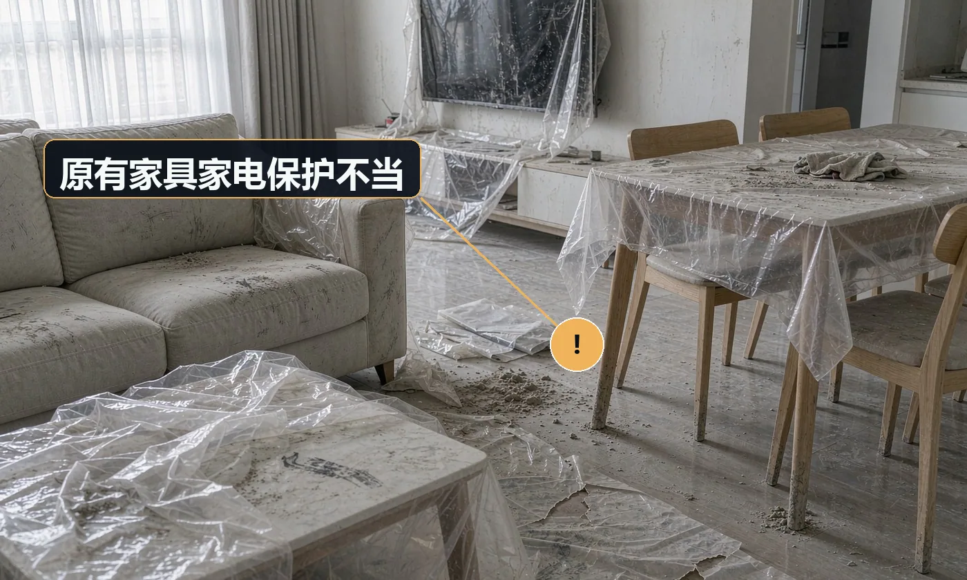 现象:施工后客户的沙发、电视、餐桌都落灰或被划伤。原因:未做成品保护覆盖;未搬移集中存放;未做区域隔离