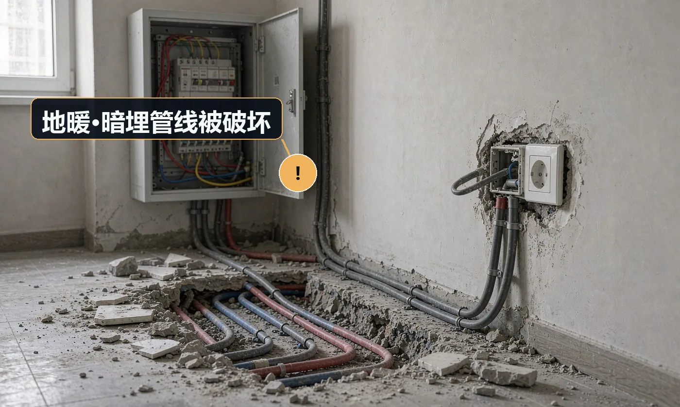 现象:拆旧或打孔时打穿地暖管、给水管,全屋泡水。原因:未探测管线走向;未关闭水源与地暖系统;使用大功率破拆工具