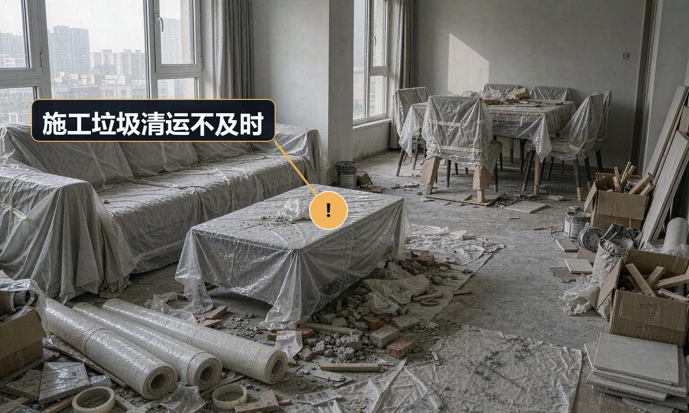现象:垃圾堆满客厅和楼道,物业找上门。原因:未安排清运频次;未确认垃圾堆放点;未缴纳装修垃圾清运费