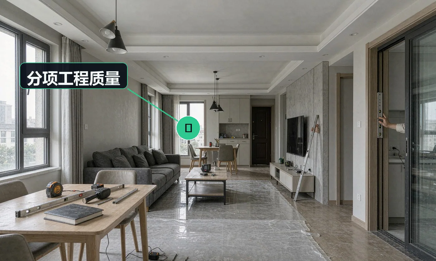 检查方式:按空间分项(地面 / 墙面 / 天棚 / 水电 / 门窗)逐项检验。合格标准:各分项符合对应国家标准的允许偏差与主控项目