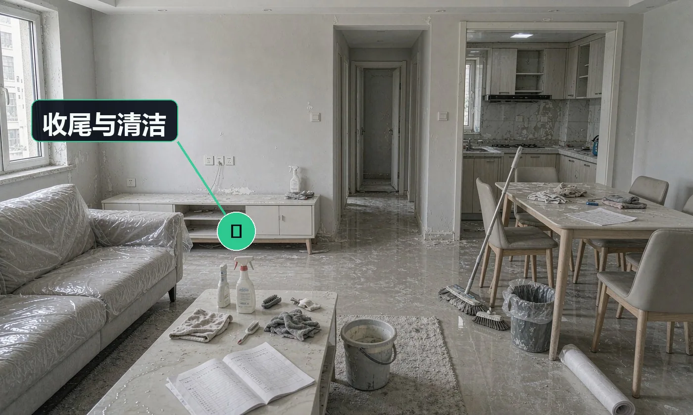 检查方式:逐项对照《收尾检查清单》。合格标准:五金齐全、打胶完整、收口顺直、清洁到位、垃圾清运、功能全部测试通过