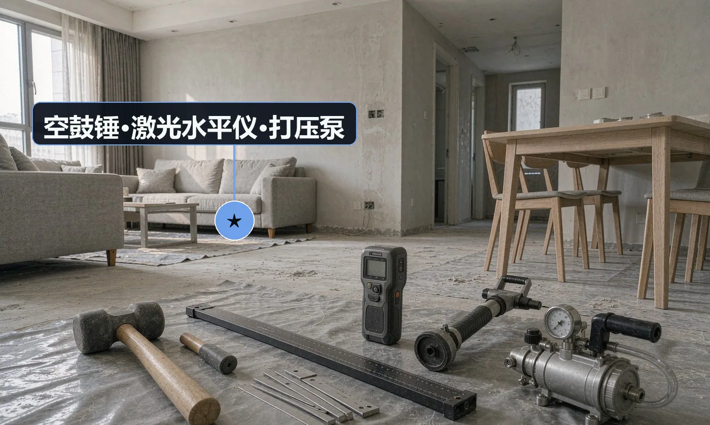验收工具:空鼓锤;2m 靠尺 + 塞尺