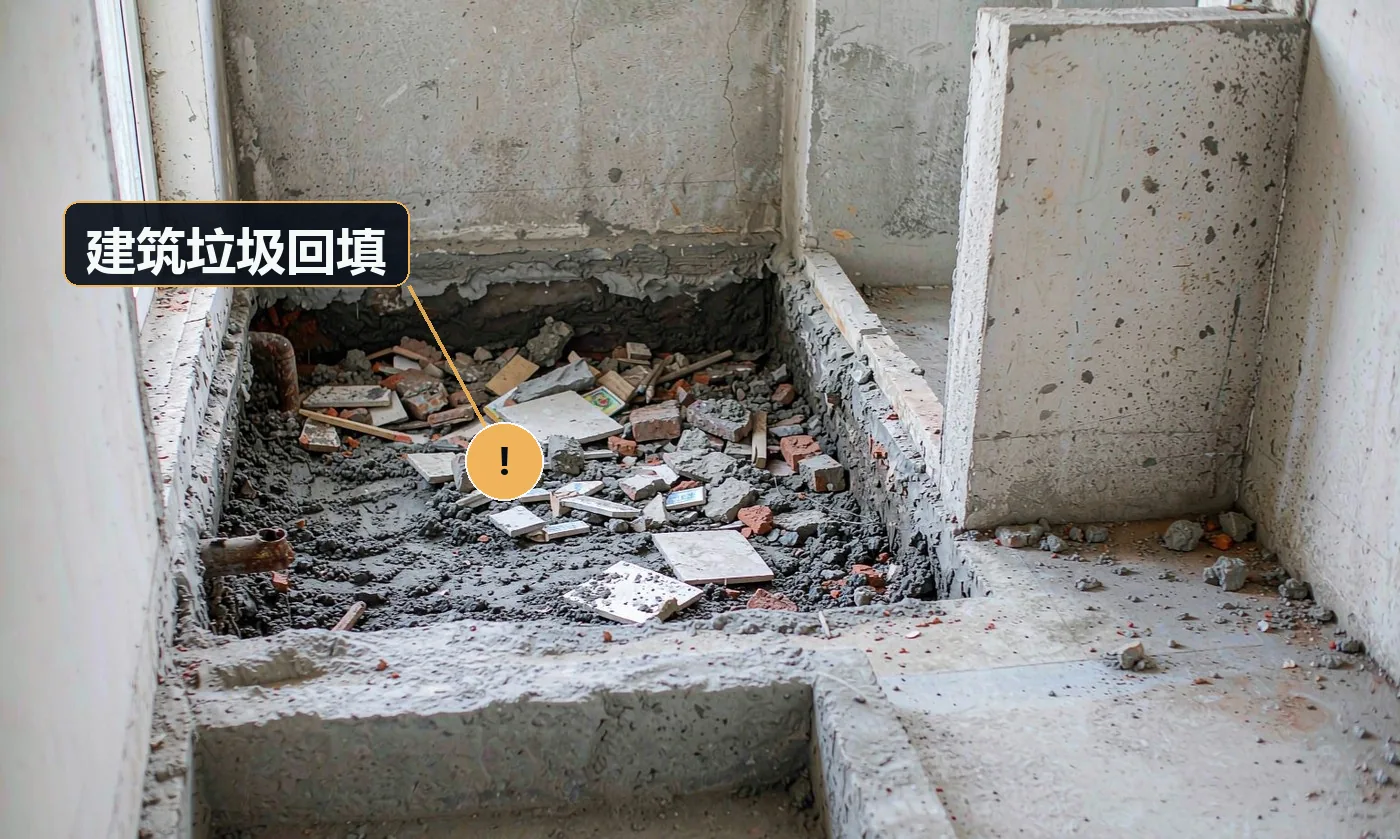 卫生间回填层施工:地面回填坑里混着碎砖、碎瓷砖、木块等建筑垃圾,上面草草浇了一层薄水泥,边缘露出生锈管道。