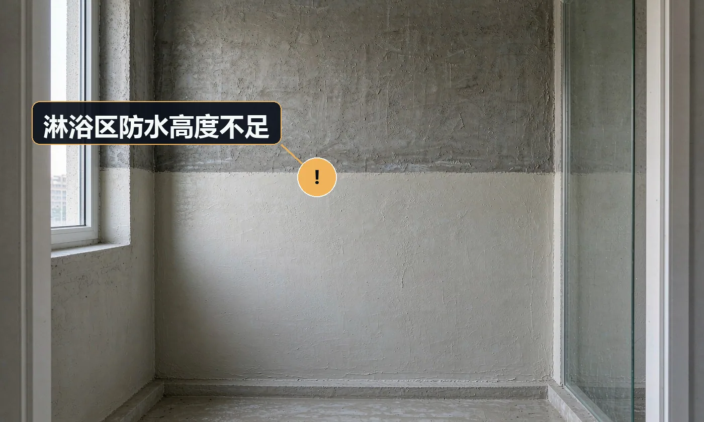 淋浴区墙面:防水只刷到约 1.2 米高,上方是未刷防水的灰色水泥毛坯墙面,防水与毛坯之间有一道明显的水平分界线,地面为淋浴区。