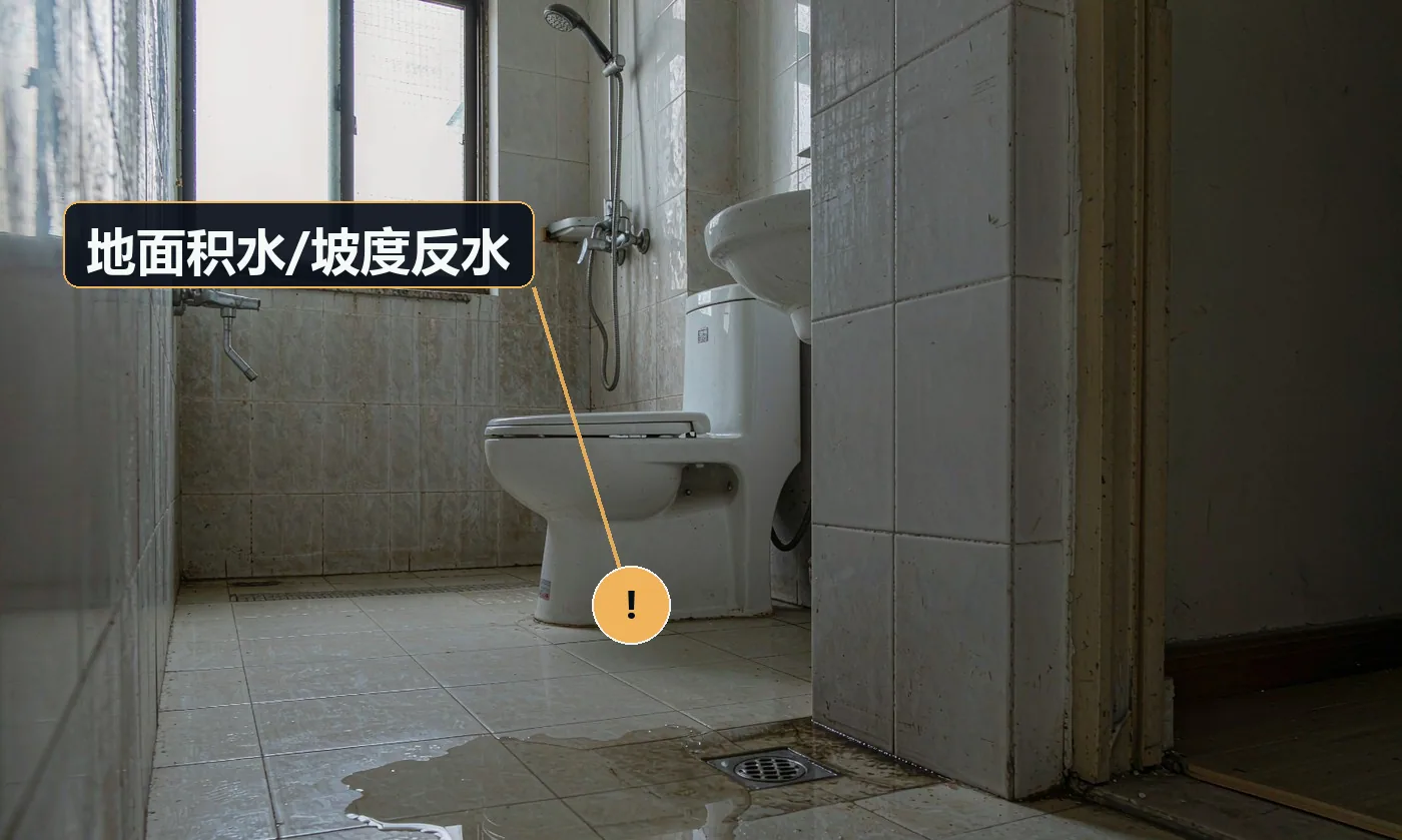 卫生间地砖地面上积着一汪水,水没有流进地漏,反而在门口一侧积住,地漏处基本是干的。