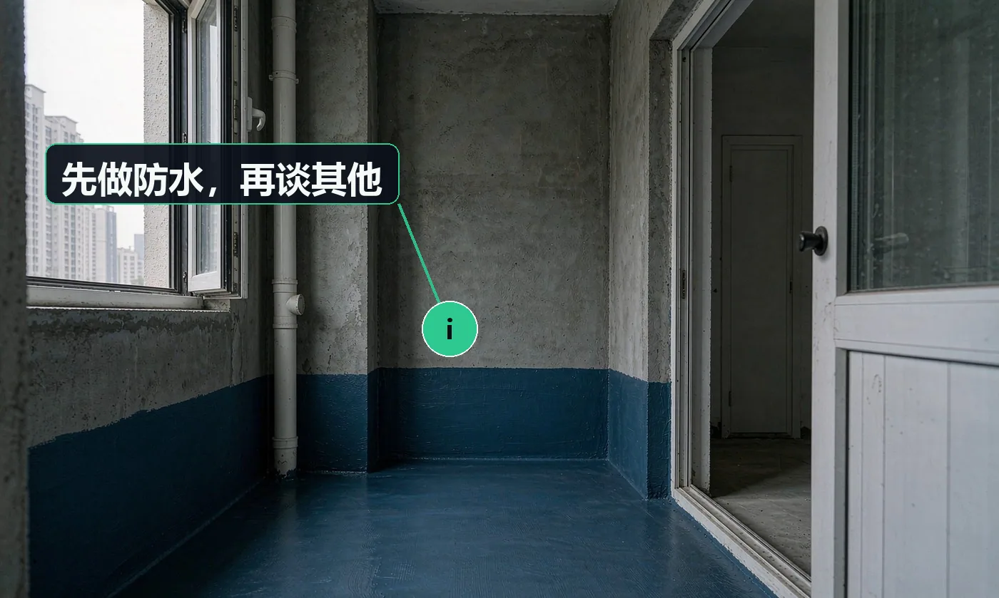 刚做完防水的卫生间地面:蓝色防水涂料均匀成膜、无漏刷,墙角处防水已上翻到规定高度,地面整洁无杂物。