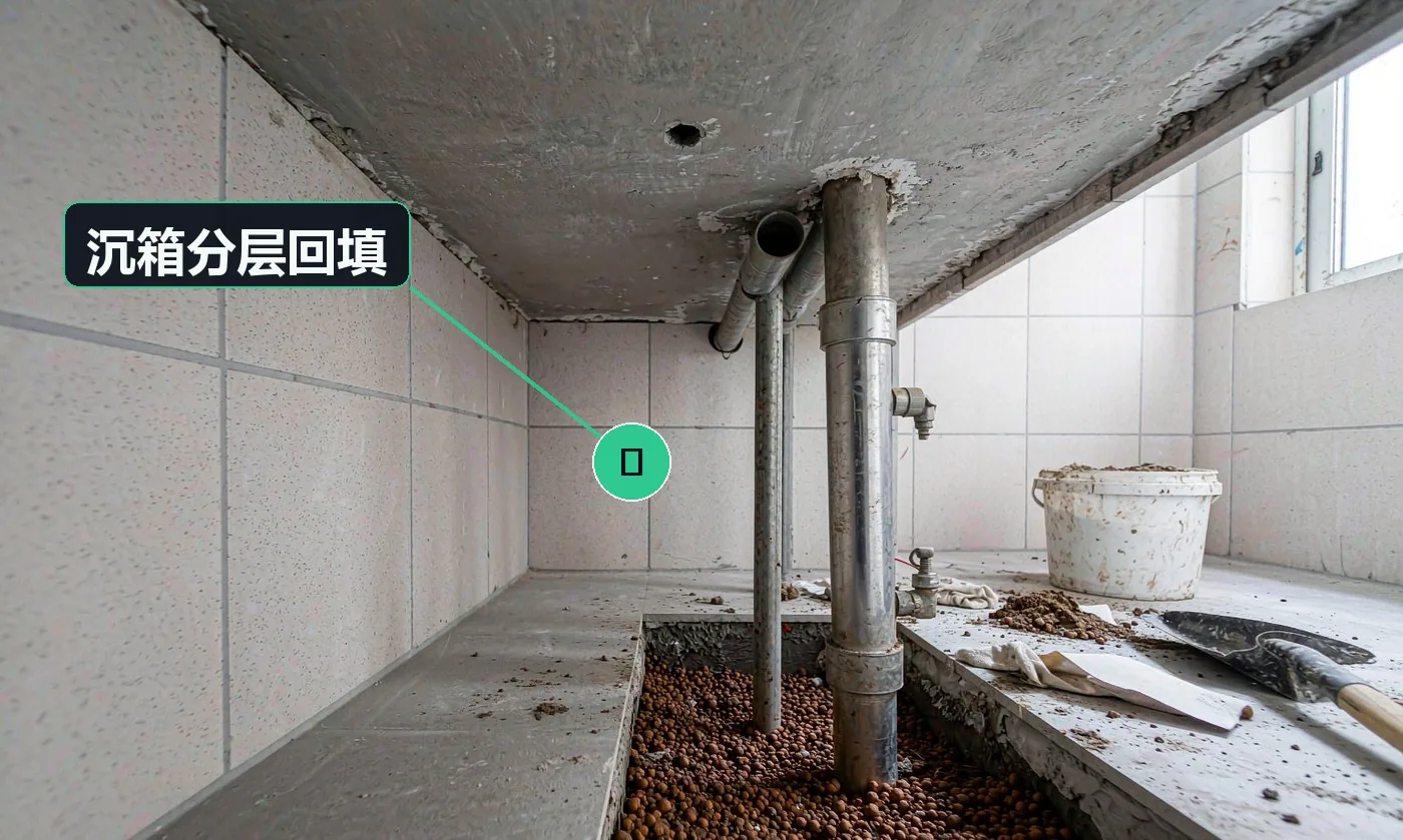 下沉式卫生间沉箱回填施工:回填层里铺着陶粒等轻质骨料并已分层夯实,露出二次排水口与管道,旁边放着铲子和料桶。