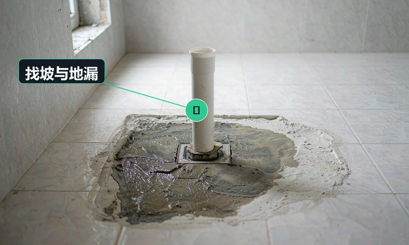 卫生间地面找坡施工:用靠尺和水平尺检查地面朝地漏方向的坡度,地漏口居中,周围砂浆还未干。