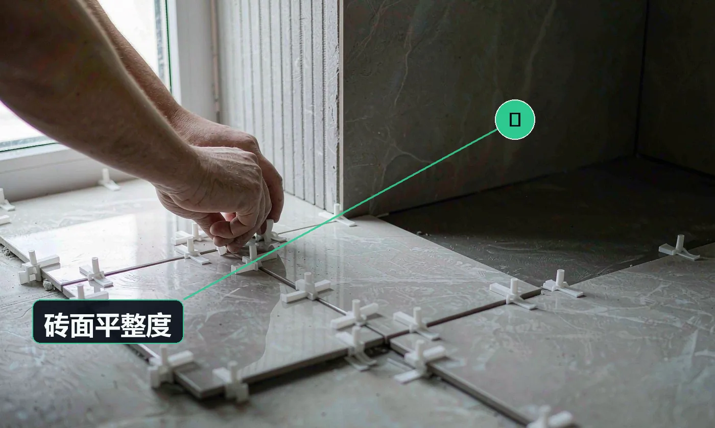 贴卫生间墙砖时用找平器与十字定位架控制砖面平整:一只手正按下找平器,砖面整齐,尚未填缝。