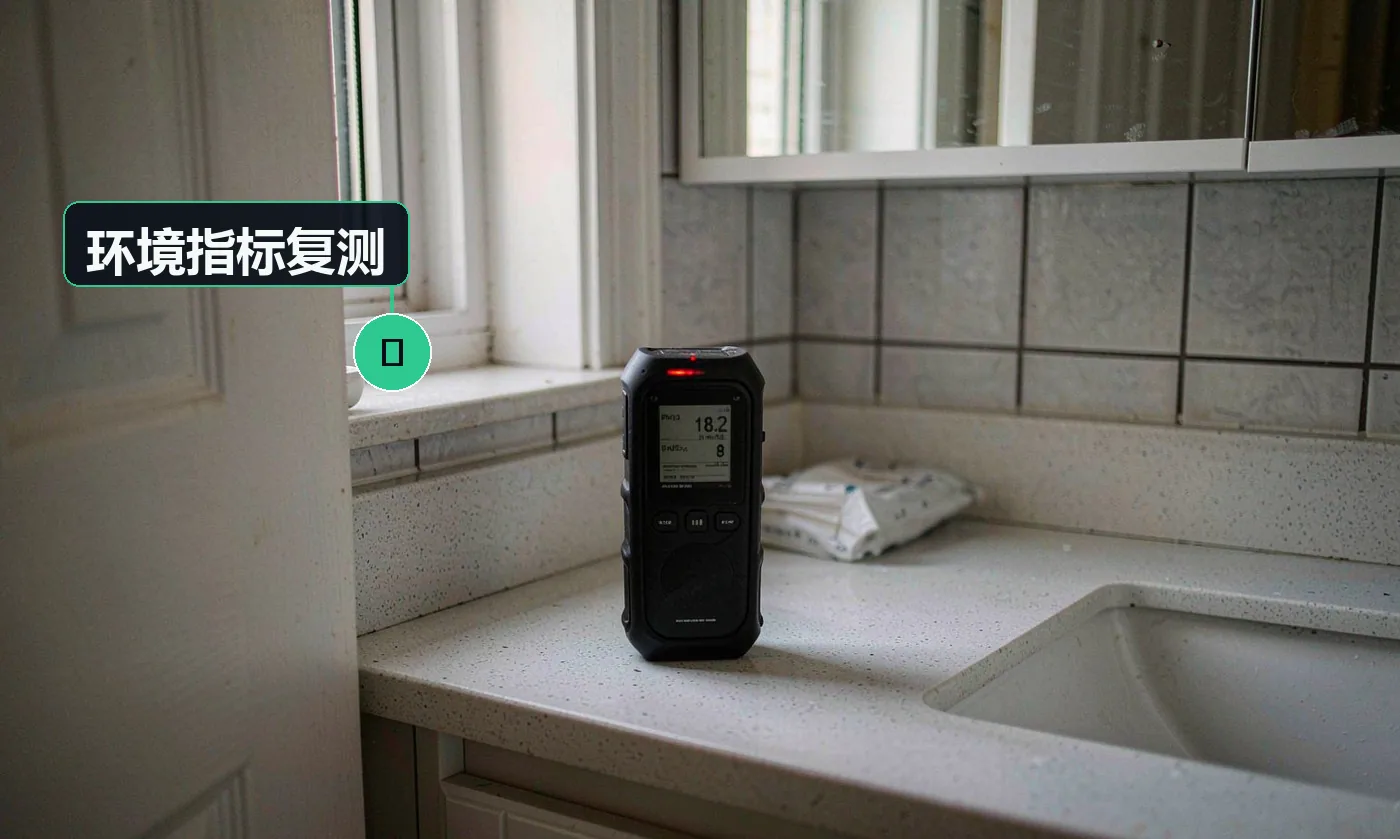 已装修完成的卫生间内做空气质量复测:台面上放着空气质量检测仪,屏幕亮起显示读数,背景是镜柜与墙砖。