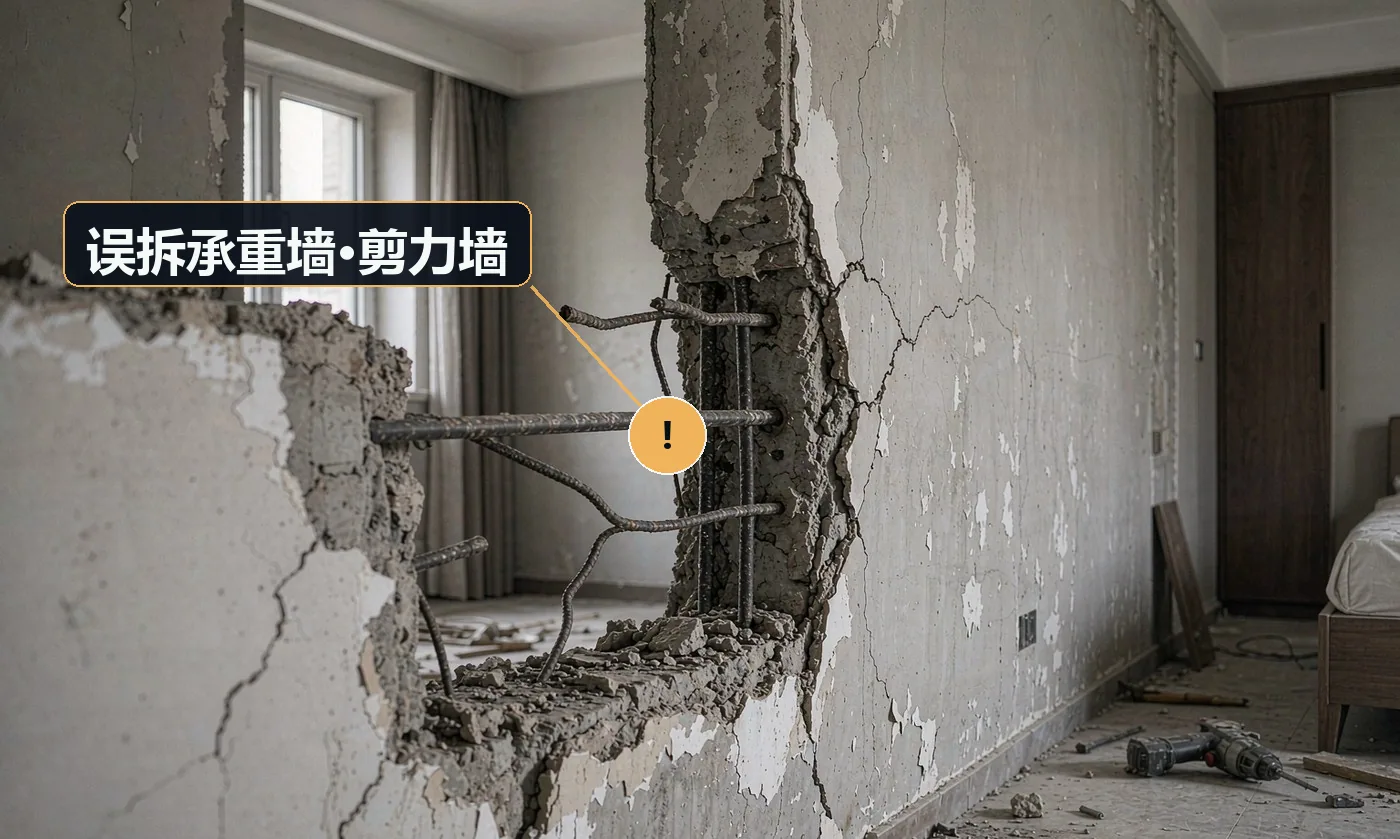 现象:为扩大空间拆了一面墙,被物业与邻居投诉,存在结构风险。原因:未核对结构图纸;凭经验认为「不是承重墙」