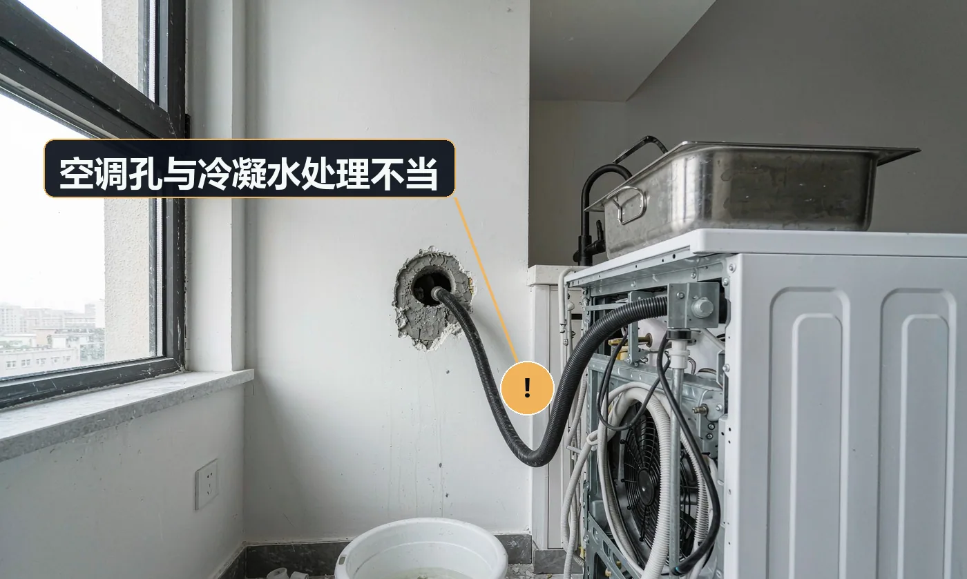 现象:空调孔渗水、墙面洇湿,或冷凝水排不出去。原因:孔洞未做内高外低的坡度;孔周边未密封;冷凝水未接外排