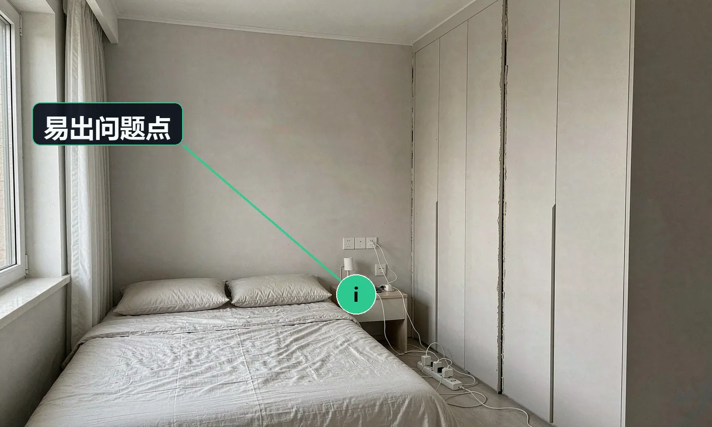 易出问题点:衣柜与墙面留缝、收口不齐,卧室最容易被看到;插座点位不足,客户入住后到处拉插线板