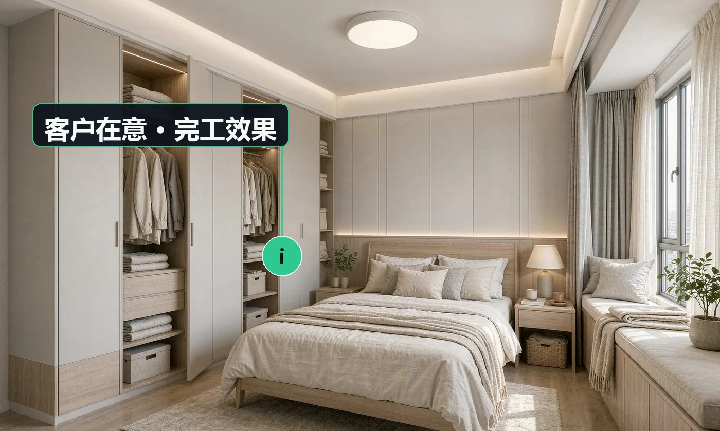 客户在意 · 完工效果:环保有没有味道,多久能住进去;收纳够不够,衣服被子往哪放