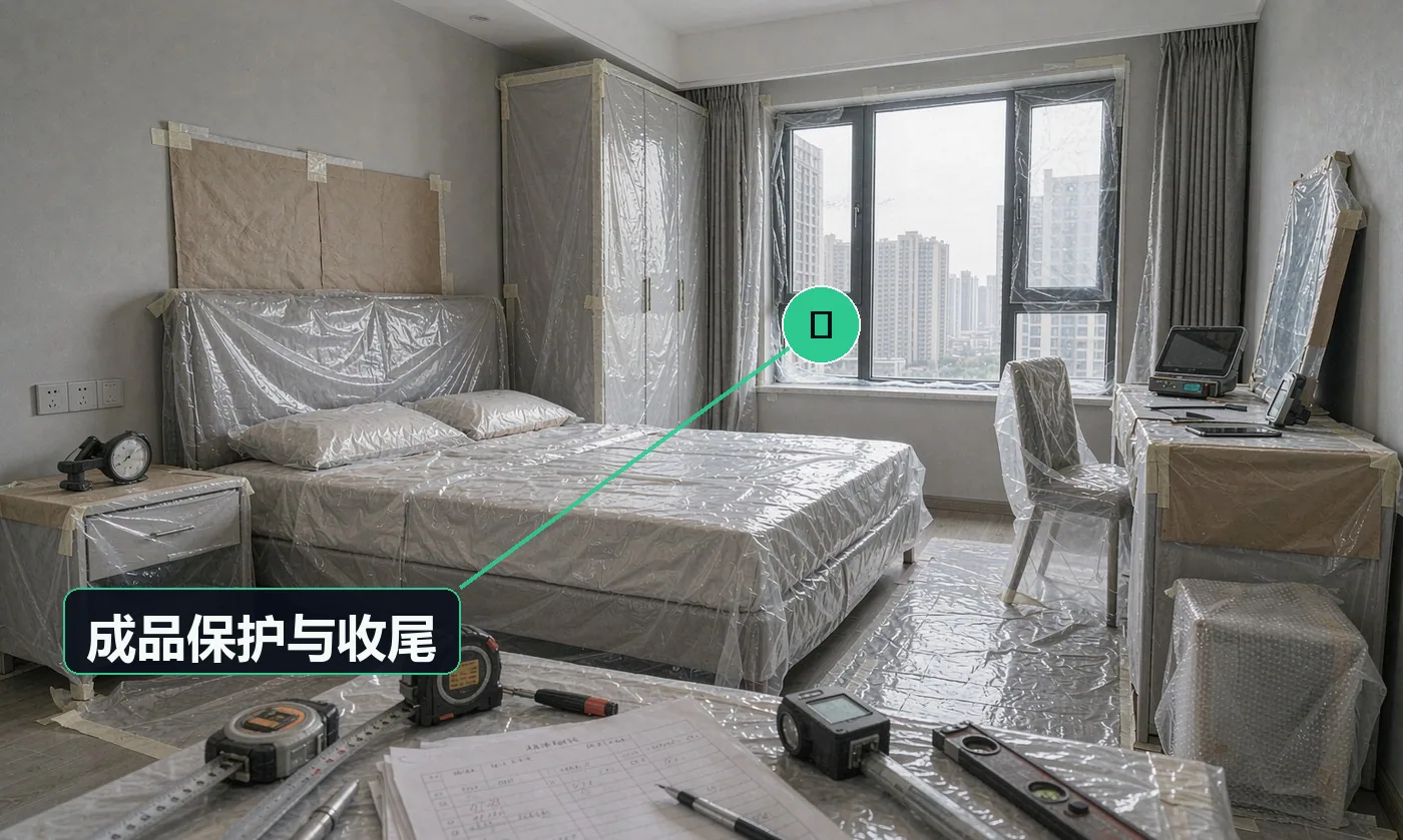 检查方式:逐项对照《收尾检查清单》。合格标准:五金齐全、打胶完整、收口顺直、清洁到位、垃圾清运