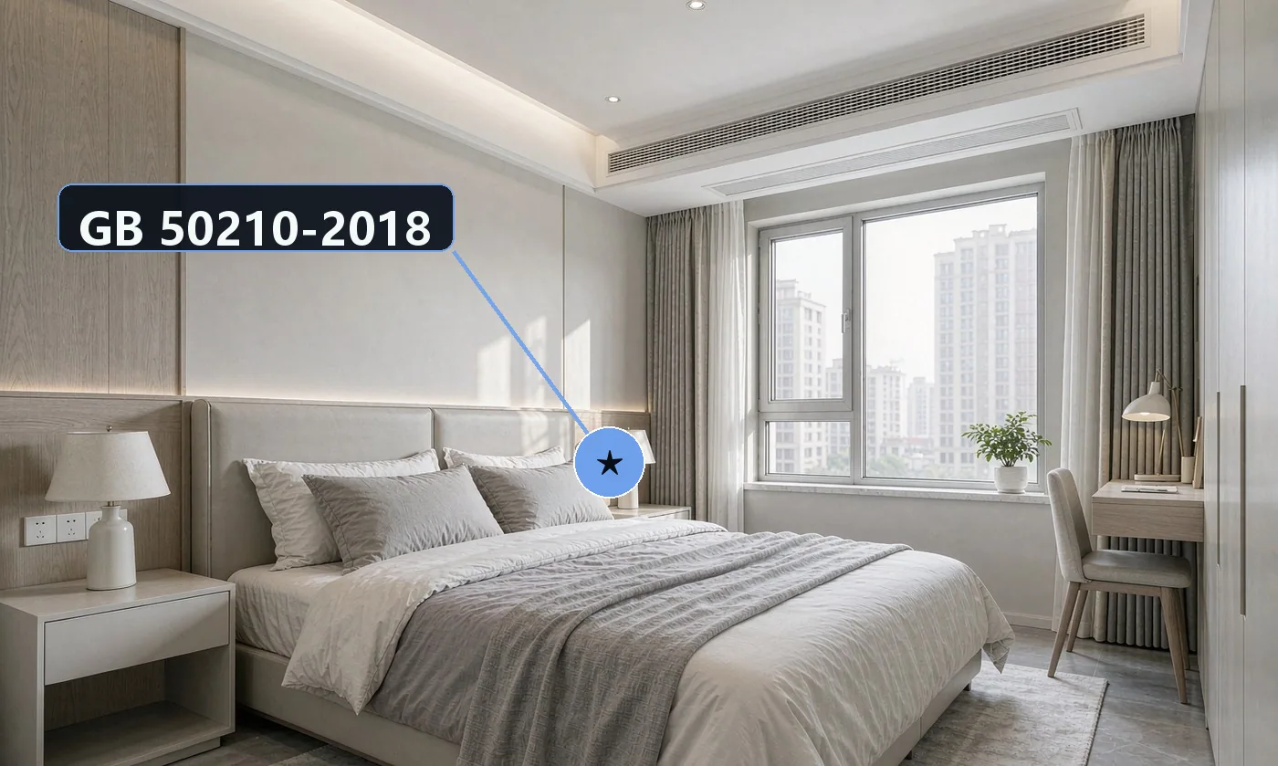 底线规范:GB 50210-2018《建筑装饰装修工程质量验收标准》—— 涂饰、饰面、吊顶、细部等分项验收;GB 50209-2010《建筑地面工程施工质量验收规范》—— 地面工程与木地板铺装(全文有效)