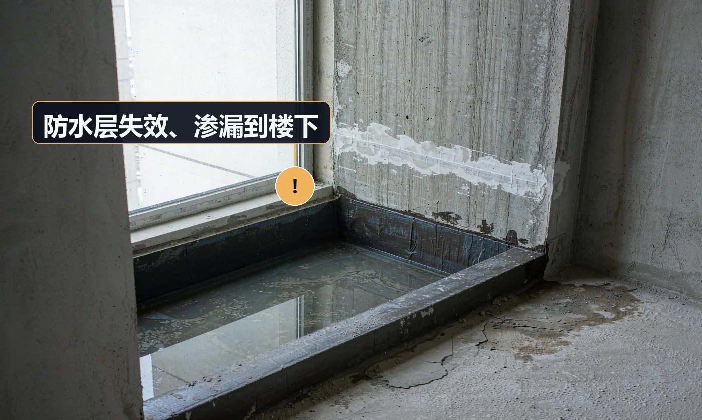 现象:改造后雨天或洗衣时楼下渗水,反复返工治不好。原因:只做局部防水;基层未处理;管根与阴角未做附加层;闭水试验未做或不合格仍继续