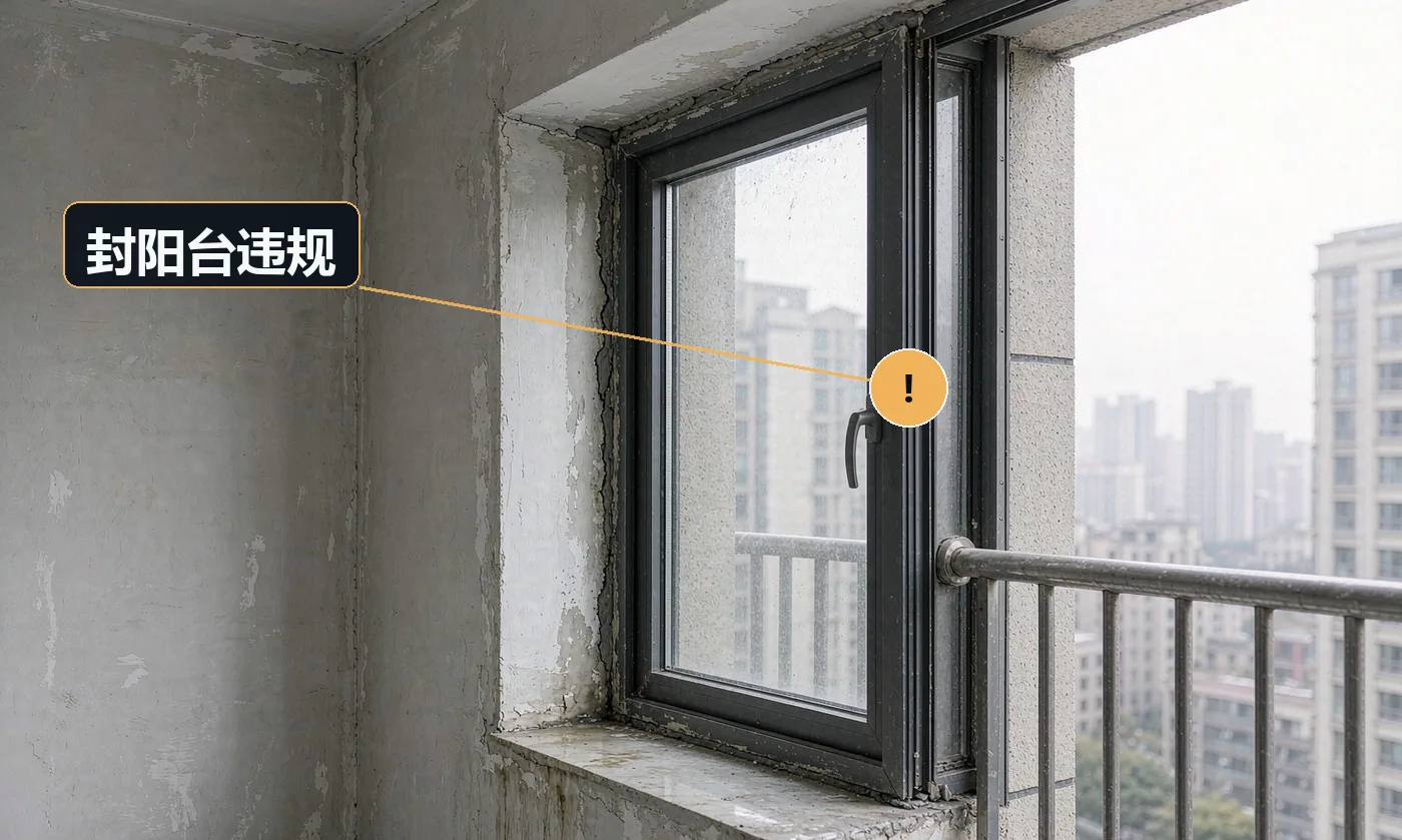 现象:封完阳台被物业要求拆除,或以违建处理。原因:未向物业报批;封窗形式、颜色、外立面改动不符合小区规约
