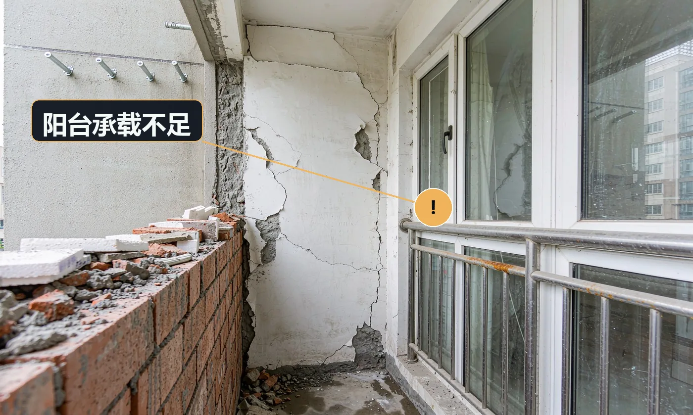 现象:阳台砌了砖墙或放置重物后,出现下沉或裂缝。原因:未核算阳台楼板承载能力;在悬挑阳台砌筑重墙体;堆放大量材料