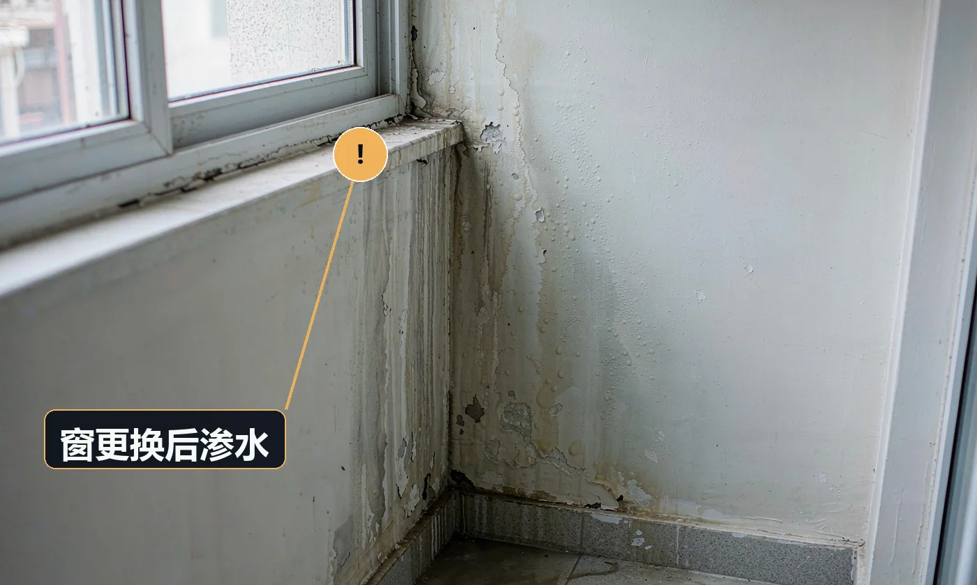现象:换完阳台窗后下雨渗水,窗台洇湿。原因:窗框与墙体缝隙未填保温与防水;外侧打胶不连续;窗台无向外坡度与滴水线
