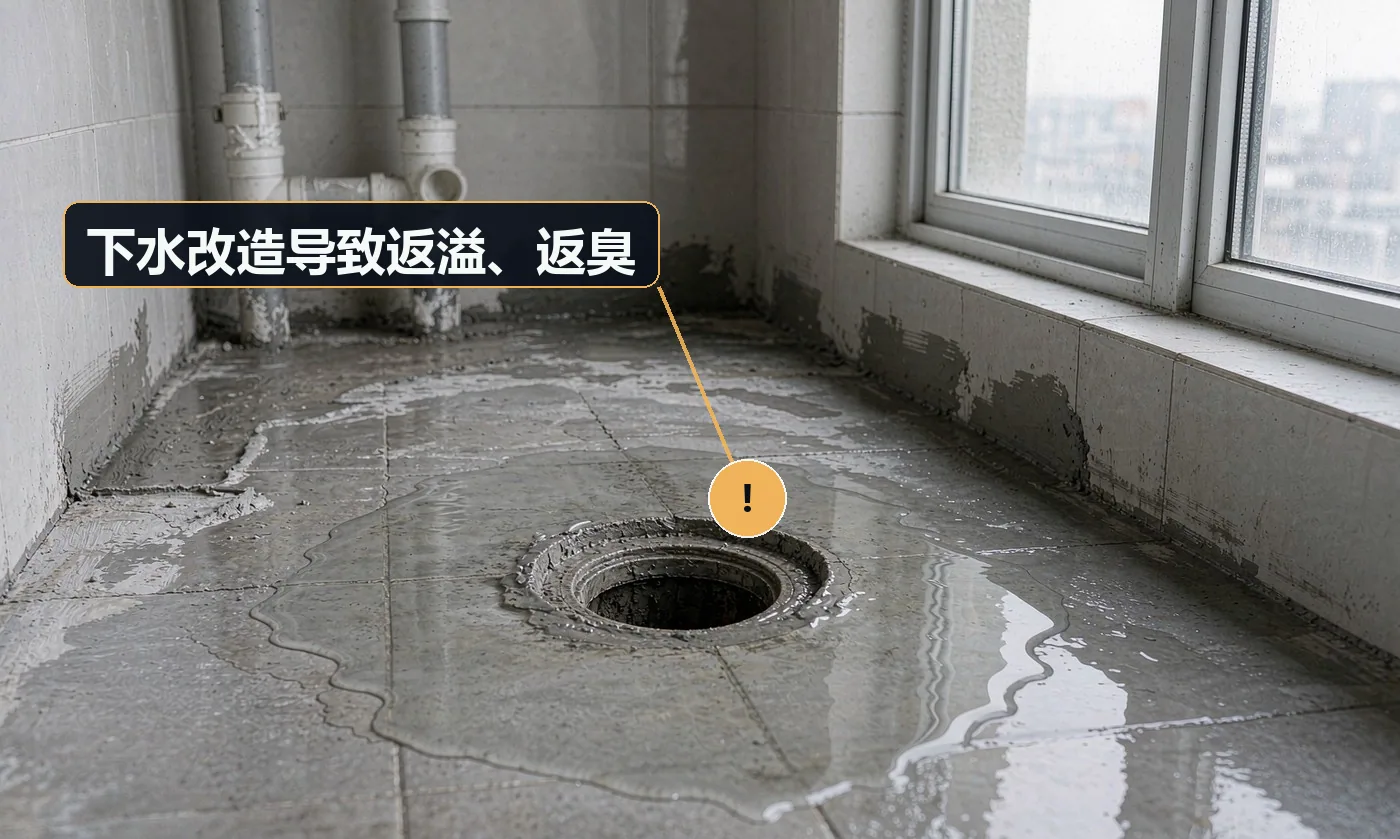 现象:洗衣机排水时地漏返水,或阳台持续有异味。原因:地漏流量不足;未做存水弯;排水管坡度不足;与主管接口未密封