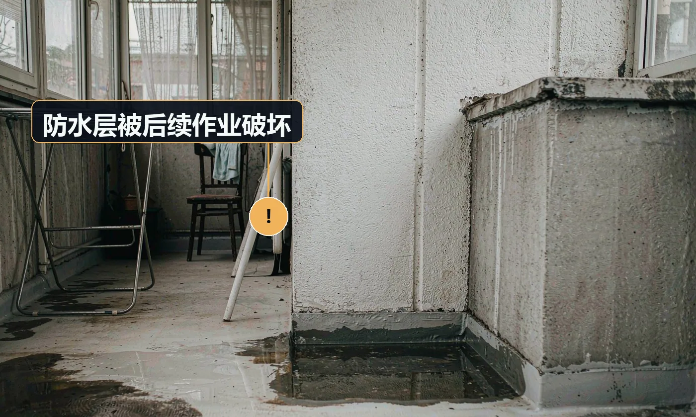 现象:做完后其他工种进场踩坏防水或划破保温层。原因:无保护层;未做工序交底;未限制通行