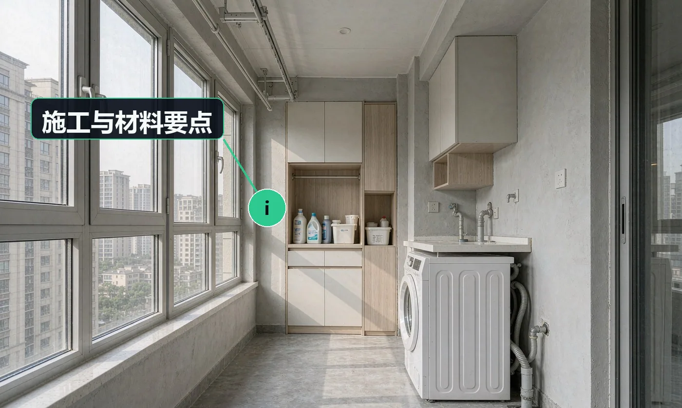 施工与材料要点:阳台改造要一次想清三件事:晾晒、收纳、洗衣;封窗政策各地不同,开工前必须先确认物业是否允许