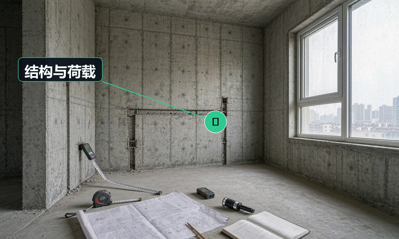 检查方式:图纸核对 + 现场检查。合格标准:未砌筑重墙、未超载堆放;涉及增加荷载的已由有资质单位核算