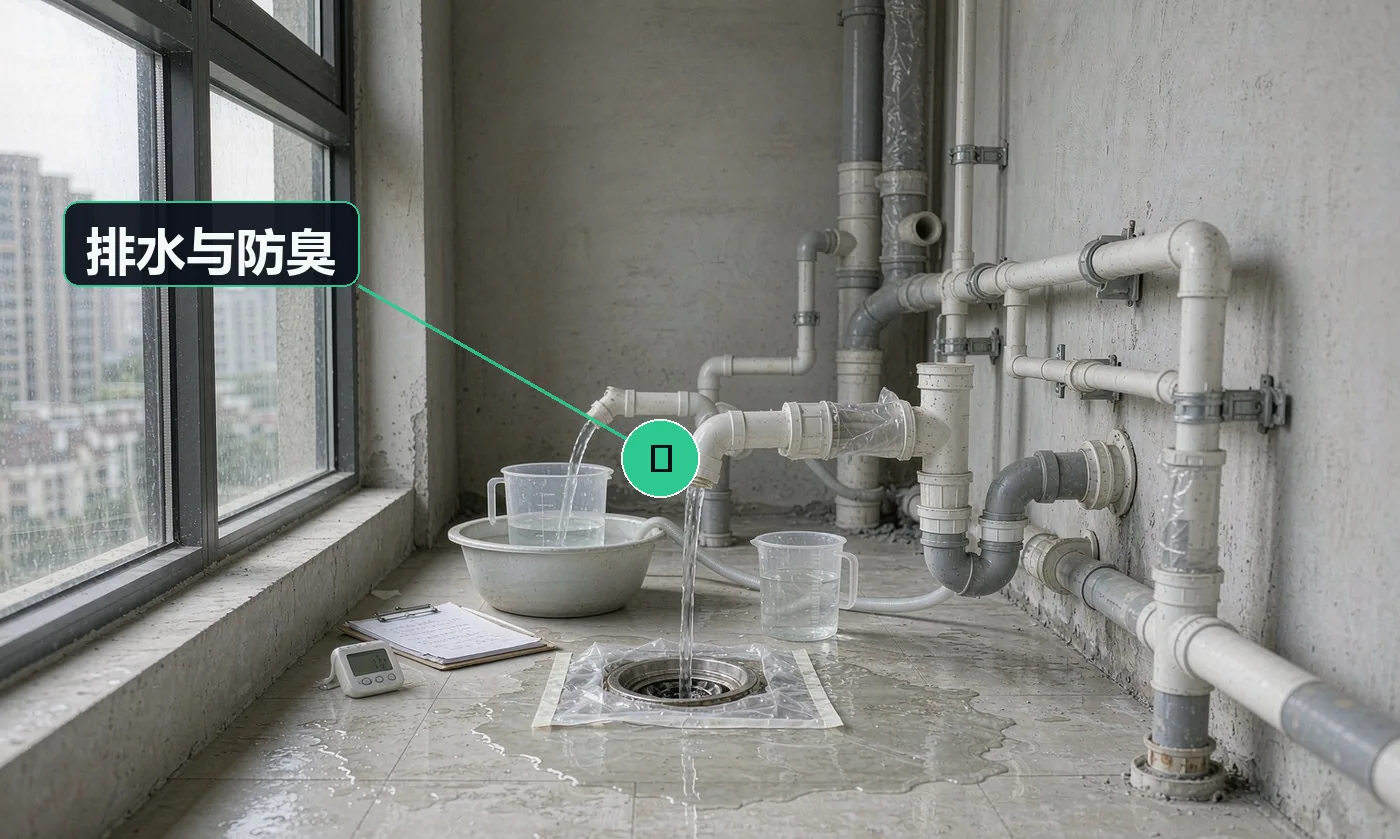检查方式:满水快排 + 通水测试。合格标准:排水顺畅无返溢,无返臭;地漏与管口对中密封