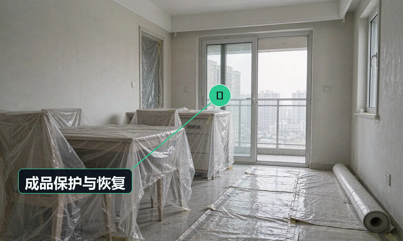 检查方式:目视。合格标准:室内原有成品无损伤、现场清洁、垃圾清运